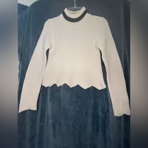 Women's ASOS Acrylic Scalloped Edge Turtleneck Sweater in Cream with Navy Trim